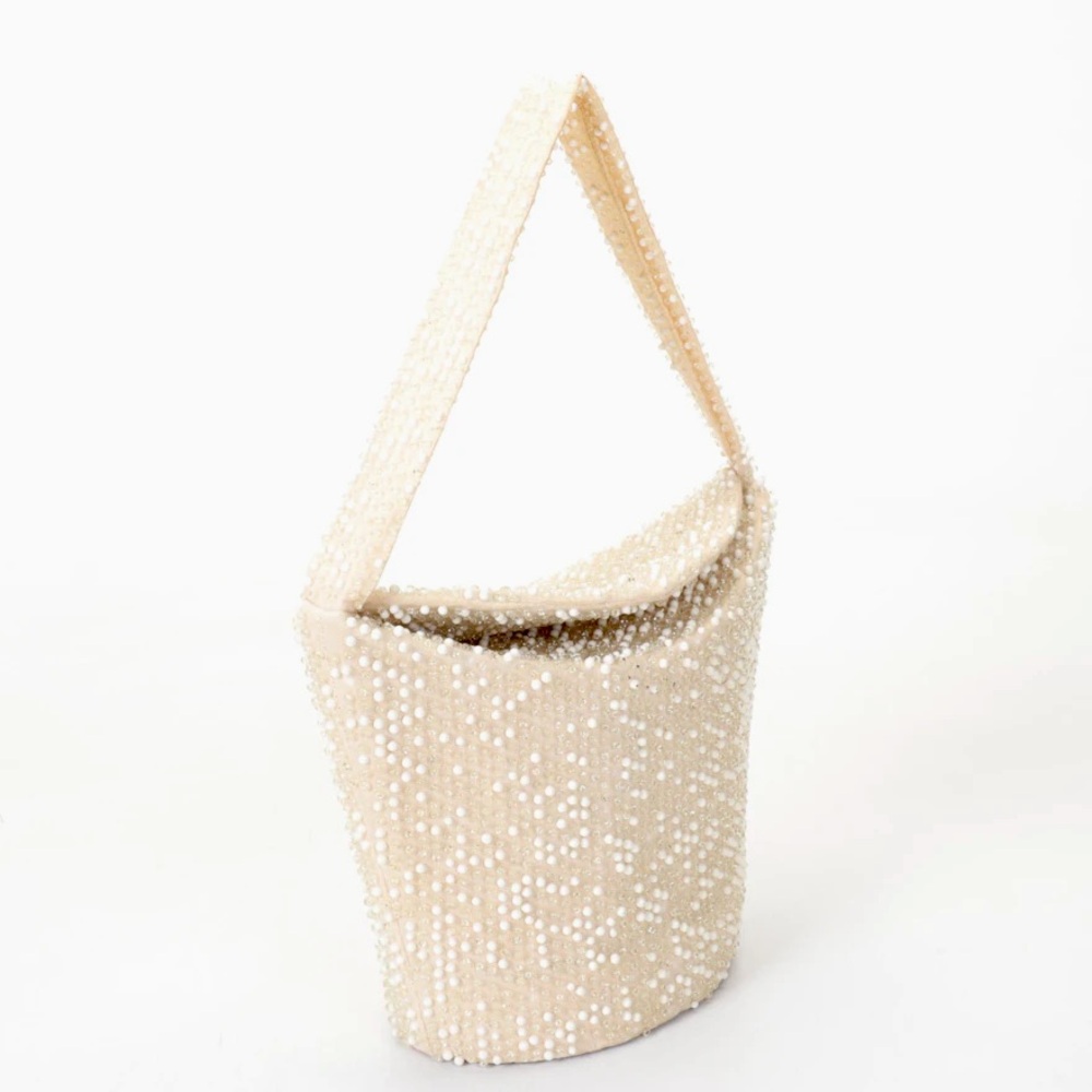 Lumured White Caviar Beaded Bucket Handbag